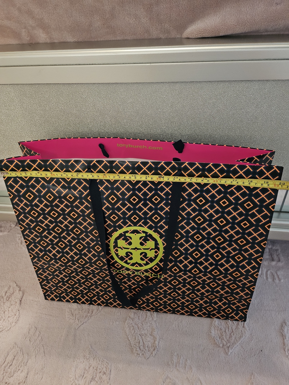 Tory Burch Black Tote with Orange Pattern and Neon Green Logo -Gift Wrapping Bag